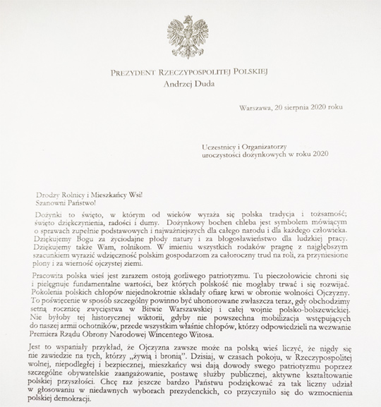 List Prezydenta na uroczystości dożynkowe w roku 2020